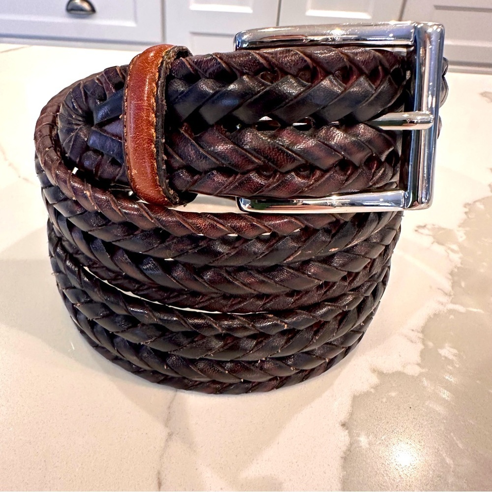 Roundtree & Yorke Mens Brown Leather Braided Woven Belt 38 Silver Buckle Casual